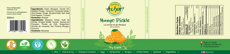 Nani's Achar mango pickle label. Spicy Pickled Mango. Mango Achar. Aam ka Achar