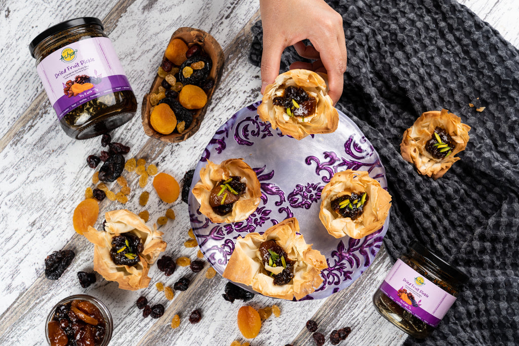 Nani’s Dried Fruit Pickle Phyllo Cups with Brie & Pistachios