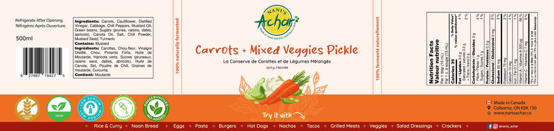 Nani's Achar Carrots + Mixed Veggies Pickle label
