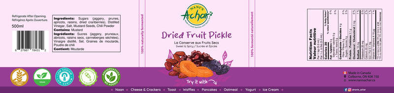 Nani's Achar Dried Fruit Pickle ( Murabba) label.  Apricots Pruces cranberries and raisins preserved fruits. 