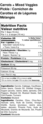 Pickled Carrot + Mixed Veggies Achar nutrition facts 